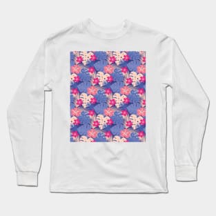 Tropical Blue and Pink Pattern with Monstera & Palm Tree Leaves & Exotic Flowers Long Sleeve T-Shirt